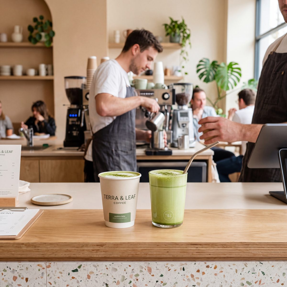 Barista bereitet Iced Matcha Latte mit Matcharista-Matcha in einem Schweizer Café zu