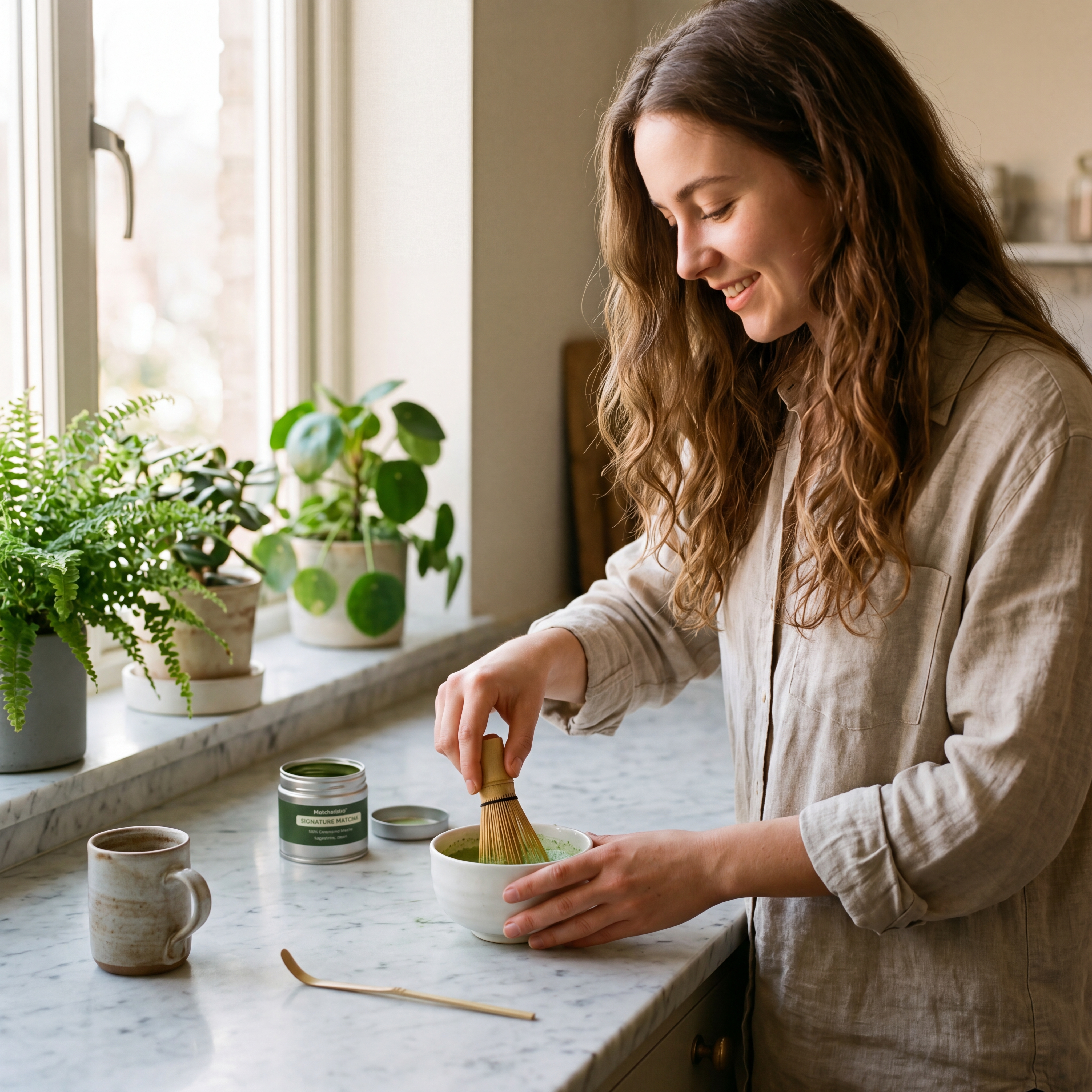 Frau bereitet Ceremonial Matcha Signature mit Chasen in heller Küche zu