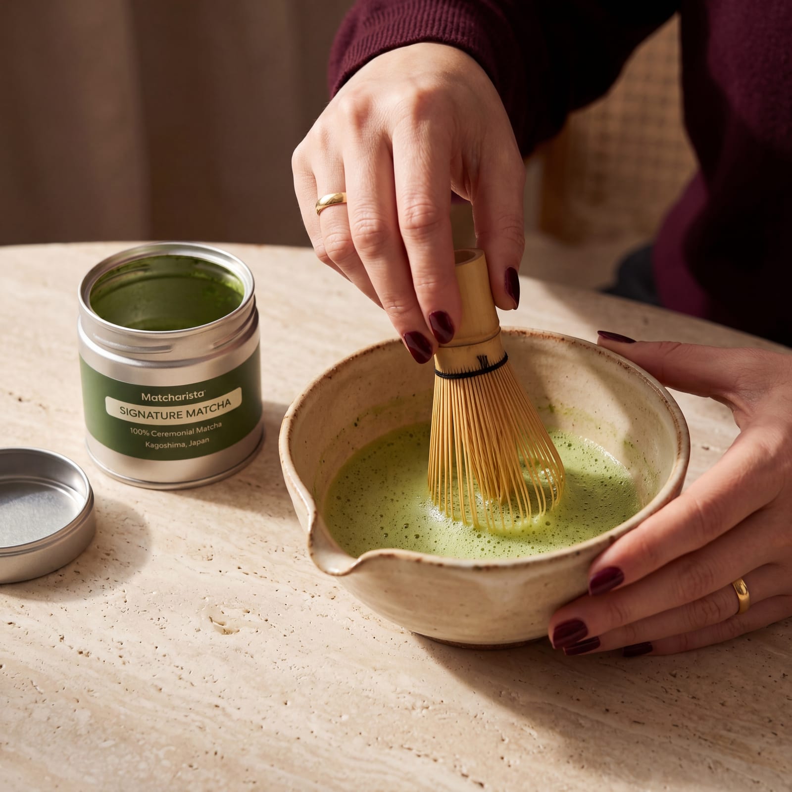 Frauenhände bereiten Matcha mit Bambusbesen zu – Matcharista Signature